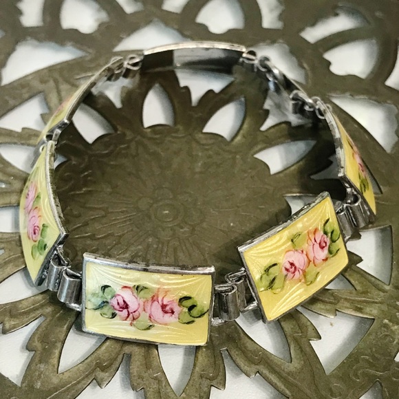 Sterling Silver Guilloche Vintage Rose Enamel Link Plate Bracelet 6.5" Cottage - Picture 9 of 16